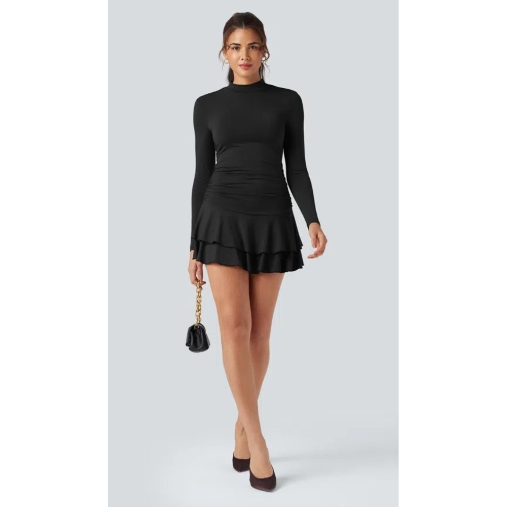 Halara Mock-Neck Long Sleeve Ruched Ruffle Tiered Hem Mini Casual Dress M Black